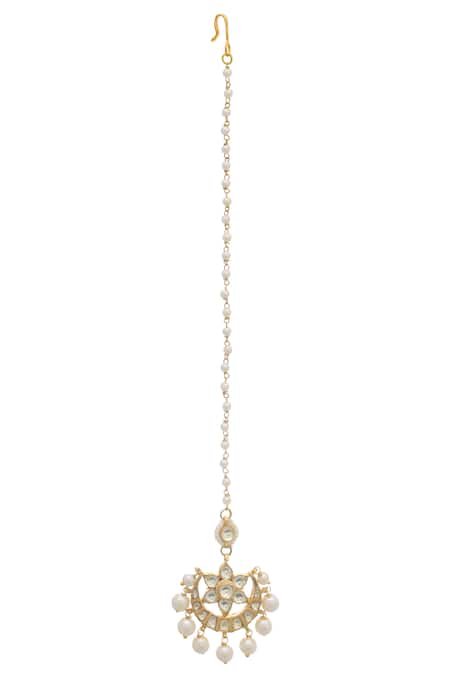 Shop_MAISARA JEWELRY_Gold Plated Pearl Embellished Maangtikka _at_Aza_Fashions
