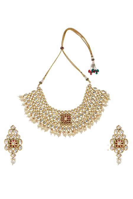 Shop_Minaki_Gold Plated Pearls, Stones Kundan Choker Set _at_Aza_Fashions