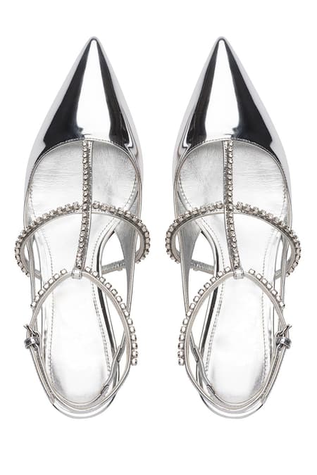 Shop Sephyr Silver Ares Strap Embellished Flats at Aza Fashions Shop_Sephyr_Silver Ares Strap Embellished Flats _at_Aza_Fashions