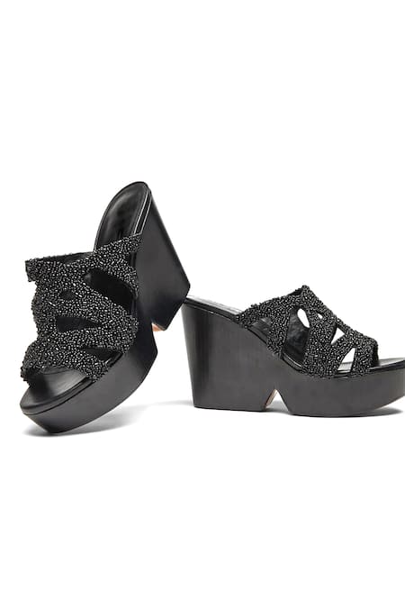 Shop Sephyr Black Beads Nora Embroidered Wedges at Aza Fashions Shop_Sephyr_Black Beads Nora Embroidered Wedges _at_Aza_Fashions