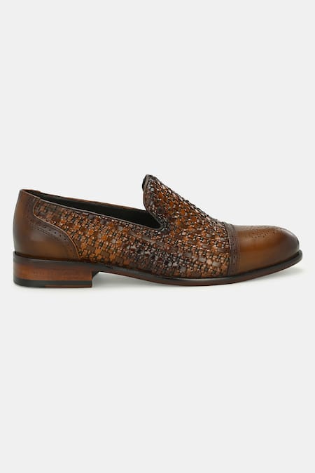 Lafattio_Brown Leather Semi Brogue Loafers _at_Aza_Fashions