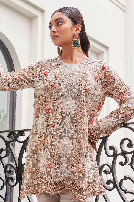 Buy_Ridhima Bhasin_Ivory Scarlet Net And Sequenced Luna 3d Floral Tunic & Harem Pant Set  _Online_at_Aza_Fashions