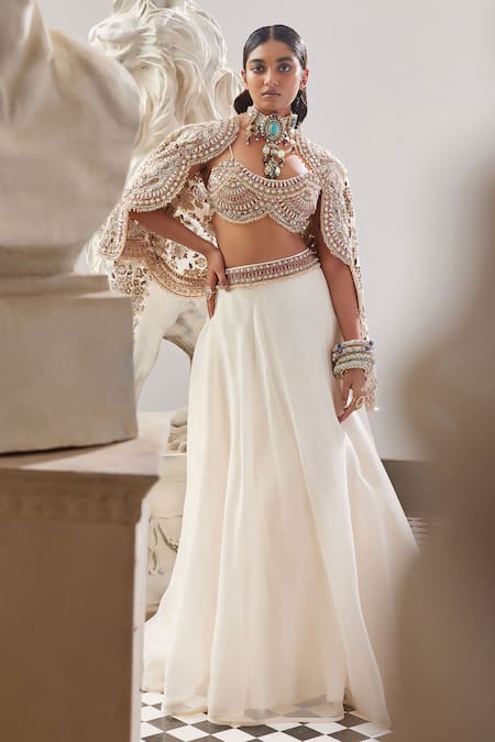 Ridhima Bhasin Ivory Flat Chiffon And Organza Meadow Skirt Set With Floral Bomber Jacket 