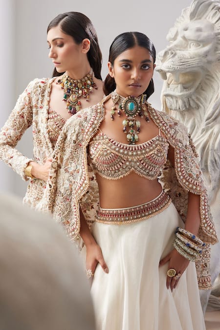 Ridhima Bhasin Ivory Flat Chiffon And Organza Meadow Skirt Set With Floral Bomber Jacket Online at Aza Fashions Ridhima Bhasin_Ivory Flat Chiffon And Organza Meadow Skirt Set With Floral Bomber Jacket _Online_at_Aza_Fashions