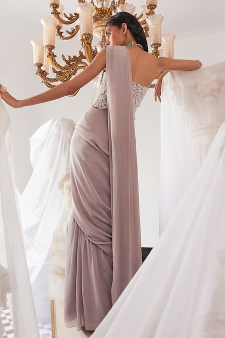 Shop_Ridhima Bhasin_Grey Flat Chiffon And Organza Phoenix Pre-draped Saree With Blouse  _at_Aza_Fashions