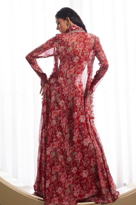 Shop Ridhima Bhasin Red Crinkle Chiffon And Rosalind Vintage Print Jacket & Sharara Set at Aza Fashions Shop_Ridhima Bhasin_Red Crinkle Chiffon And Rosalind Vintage Print Jacket & Sharara Set _at_Aza_Fashions