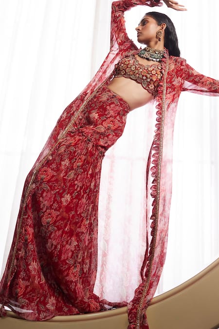 Buy Ridhima Bhasin Red Crinkle Chiffon And Rosalind Vintage Print Jacket & Sharara Set Online at Aza Fashions Buy_Ridhima Bhasin_Red Crinkle Chiffon And Rosalind Vintage Print Jacket & Sharara Set _Online_at_Aza_Fashions