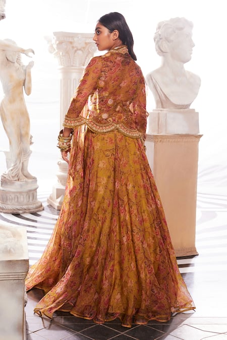 Shop Ridhima Bhasin Yellow Organza Embroidery Soleil Vintage Print Skirt And Blouse Set at Aza Fashions Shop_Ridhima Bhasin_Yellow Organza Embroidery Soleil Vintage Print Skirt And Blouse Set _at_Aza_Fashions