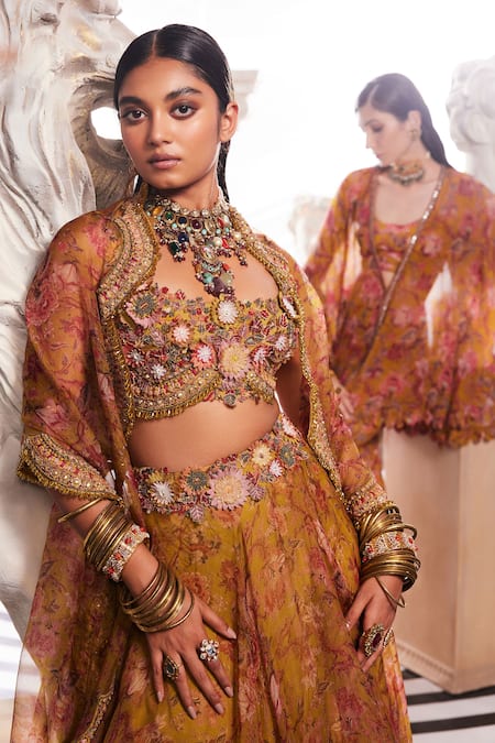 Ridhima Bhasin Yellow Organza Embroidery Soleil Vintage Print Skirt And Blouse Set Online at Aza Fashions Ridhima Bhasin_Yellow Organza Embroidery Soleil Vintage Print Skirt And Blouse Set _Online_at_Aza_Fashions