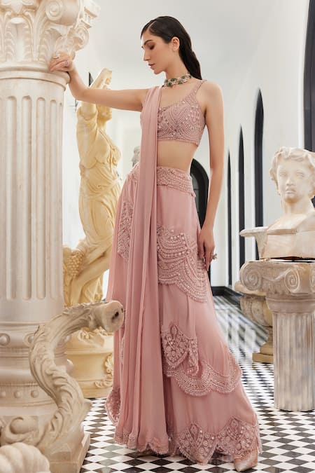 Ridhima Bhasin Pink Flat Chiffon And Stella Pre-draped Lehenga Saree With Blouse 