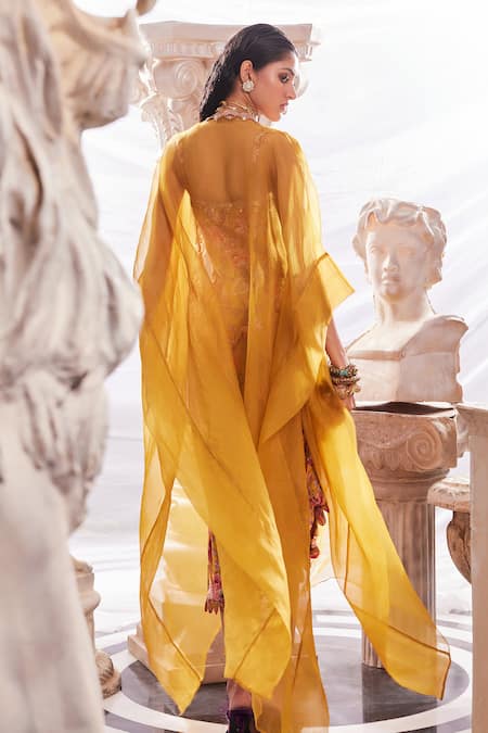 Shop Ridhima Bhasin Yellow Rayon And Organza Print Floral Square Neck Midi Dress With Cape at Aza Fashions Shop_Ridhima Bhasin_Yellow Rayon And Organza Print Floral Square Neck Midi Dress With Cape _at_Aza_Fashions