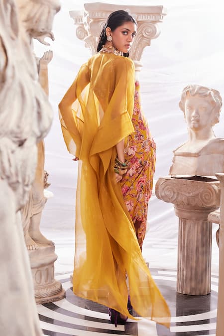 Ridhima Bhasin Yellow Rayon And Organza Print Floral Square Neck Midi Dress With Cape Online at Aza Fashions Ridhima Bhasin_Yellow Rayon And Organza Print Floral Square Neck Midi Dress With Cape _Online_at_Aza_Fashions