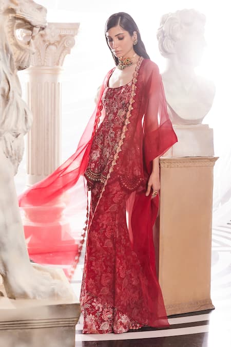 Ridhima Bhasin_Red Chanderi And Organza Print Vintage Floral Square Neck Kurta Set With Cape _Online_at_Aza_Fashions