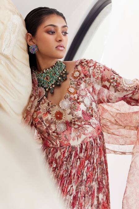 Ridhima Bhasin_Ivory Chiffon Printed And Embroidered Arabelle Anarkali With Dupatta  _Online_at_Aza_Fashions