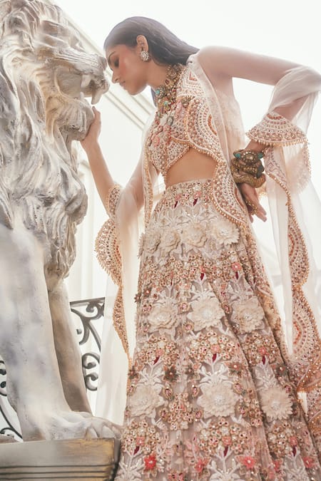 Shop Ridhima Bhasin Ivory Organza Embroidered 3d Aurora Floral Bridal Lehenga Set at Aza Fashions Shop_Ridhima Bhasin_Ivory Organza Embroidered 3d Aurora Floral Bridal Lehenga Set _at_Aza_Fashions