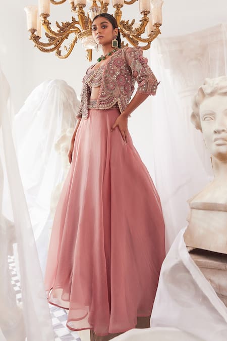Ridhima Bhasin_Pink Organza Embroidered 3d Flowers Celeste Floral Cape Skirt Set  _Online_at_Aza_Fashions