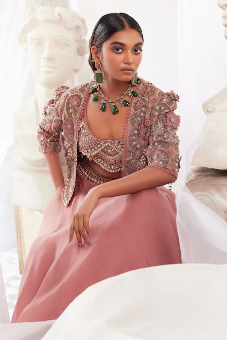 Buy_Ridhima Bhasin_Pink Organza Embroidered 3d Flowers Celeste Floral Cape Skirt Set  _Online_at_Aza_Fashions