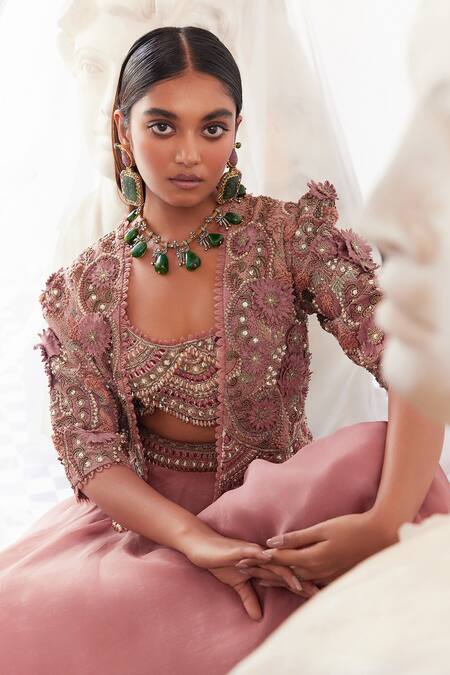 Shop_Ridhima Bhasin_Pink Organza Embroidered 3d Flowers Celeste Floral Cape Skirt Set  _Online_at_Aza_Fashions