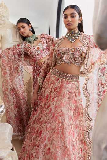 Ridhima Bhasin_Ivory Organza Printed And Embroidered Liberty Elowen Cape Lehenga Set  _Online_at_Aza_Fashions
