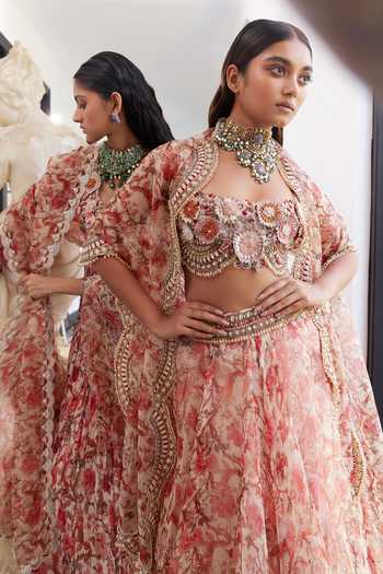 Buy_Ridhima Bhasin_Ivory Organza Printed And Embroidered Liberty Elowen Cape Lehenga Set  _Online_at_Aza_Fashions