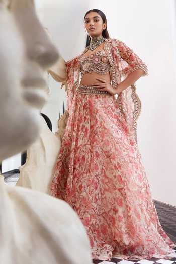 Shop_Ridhima Bhasin_Ivory Organza Printed And Embroidered Liberty Elowen Cape Lehenga Set  _Online_at_Aza_Fashions
