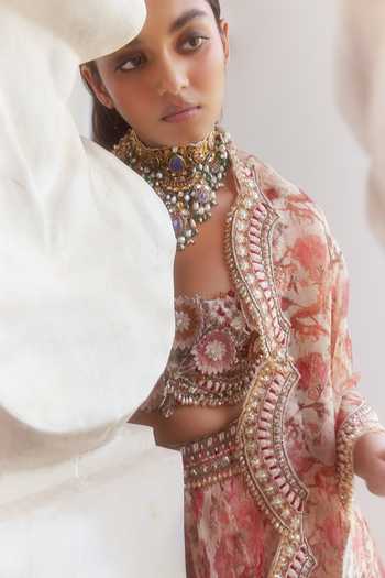 Ridhima Bhasin_Ivory Organza Printed And Embroidered Liberty Elowen Cape Lehenga Set  _at_Aza_Fashions