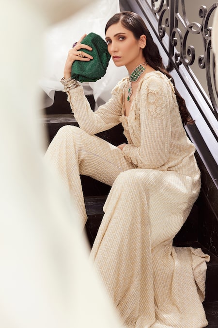 Shop_Ridhima Bhasin_Ivory Organza, Georgette Pearls, Beads, Sequins Embroidered Jacket Pant Set _Online_at_Aza_Fashions