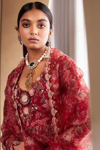 Ridhima Bhasin Red Organza, Crepe Sequins, Beads, Isabelle Liberty Print Anarkali With Dupatta Online at Aza Fashions Ridhima Bhasin_Red Organza, Crepe Sequins, Beads, Isabelle Liberty Print Anarkali With Dupatta _Online_at_Aza_Fashions