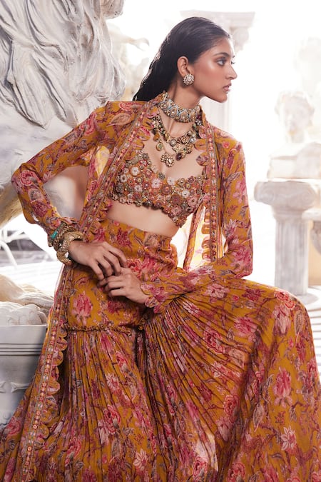 Ridhima Bhasin Yellow Crinkle Chiffon Printed And Embroidered Amara Cape Pant Set Online at Aza Fashions Ridhima Bhasin_Yellow Crinkle Chiffon Printed And Embroidered Amara Cape Pant Set _Online_at_Aza_Fashions