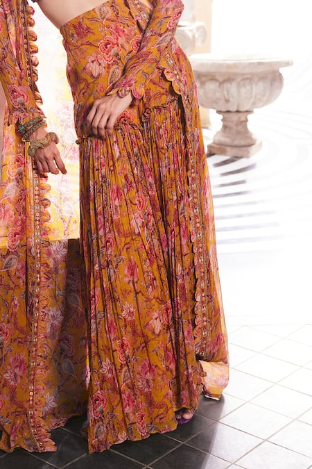 Shop Ridhima Bhasin Yellow Crinkle Chiffon Printed And Embroidered Amara Cape Pant Set Online at Aza Fashions Shop_Ridhima Bhasin_Yellow Crinkle Chiffon Printed And Embroidered Amara Cape Pant Set _Online_at_Aza_Fashions