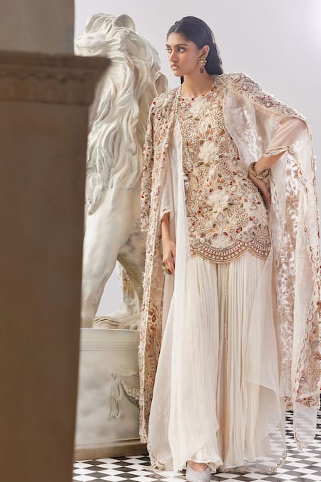 Ridhima Bhasin Ivory Organza Embroidered 3d Flowers Juniper Kurta And Sharara Set  