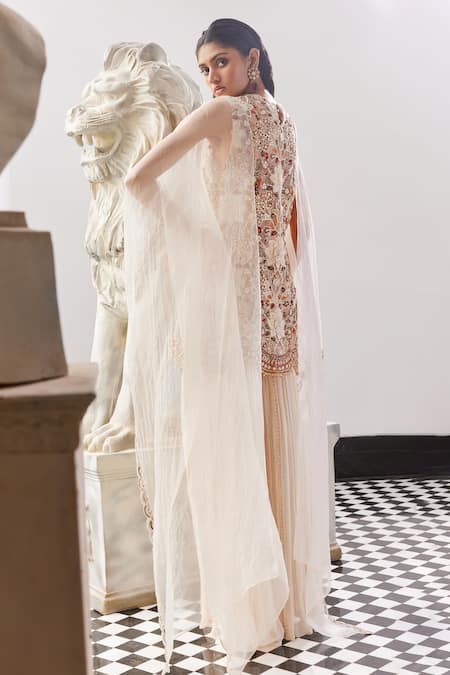 Shop Ridhima Bhasin Ivory Organza Embroidered 3d Flowers Juniper Kurta And Sharara Set at Aza Fashions Shop_Ridhima Bhasin_Ivory Organza Embroidered 3d Flowers Juniper Kurta And Sharara Set _at_Aza_Fashions