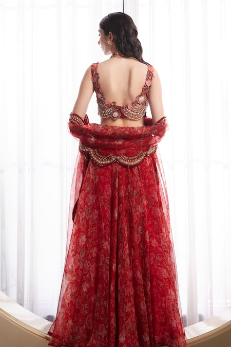 Shop_Ridhima Bhasin_Red Organza Beads, Sequins Round Neck Lavinia Liberty Print Cape Skirt Set _at_Aza_Fashions