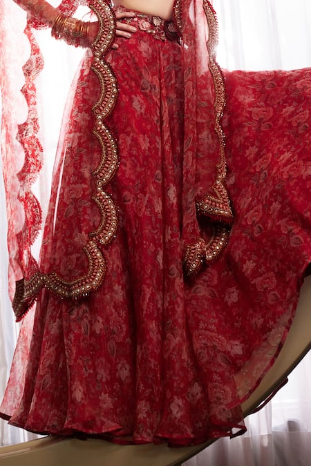 Ridhima Bhasin_Red Organza Beads, Sequins Round Neck Lavinia Liberty Print Cape Skirt Set _Online_at_Aza_Fashions