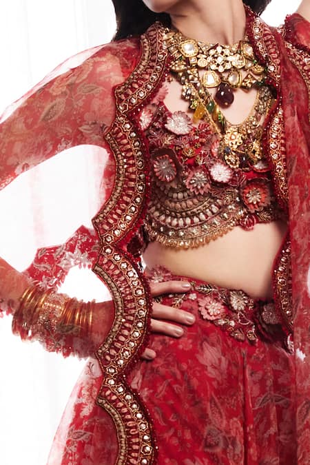 Buy_Ridhima Bhasin_Red Organza Beads, Sequins Round Neck Lavinia Liberty Print Cape Skirt Set _Online_at_Aza_Fashions