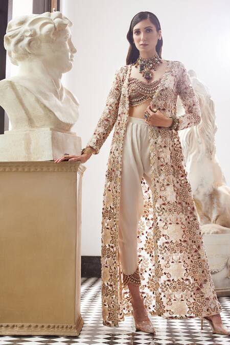 Ridhima Bhasin - Ivory Organza Embroidered 3d Flowers Jacket: Willow Draped  Pant Set For Women