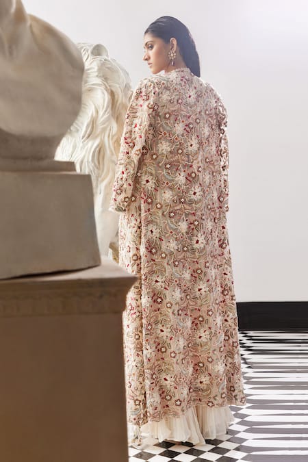 Shop Ridhima Bhasin Ivory Organza Embroidered 3d Flowers Jacket Willow Draped Pant Set at Aza Fashions Shop_Ridhima Bhasin_Ivory Organza Embroidered 3d Flowers Jacket Willow Draped Pant Set _at_Aza_Fashions