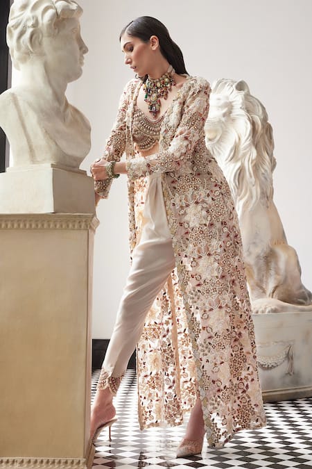 Shop Ridhima Bhasin Ivory Organza Embroidered 3d Flowers Jacket Willow Draped Pant Set Online at Aza Fashions Shop_Ridhima Bhasin_Ivory Organza Embroidered 3d Flowers Jacket Willow Draped Pant Set _Online_at_Aza_Fashions