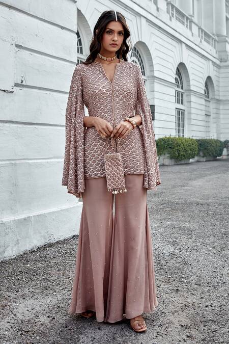 Buy_Amitabh Malhotra_Pink Georgette Embroidery Scallop Notched Neck Jacket With Flared Pant _Online_at_Aza_Fashions