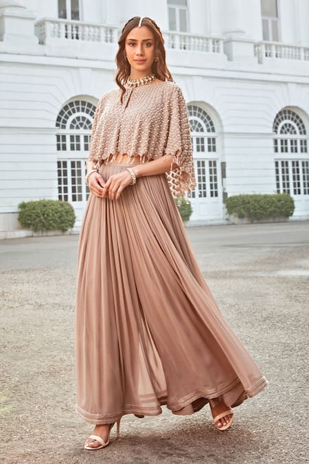 Amitabh Malhotra Beige Georgette Embroidery Scallop Round Neck Cape And Sharara Set 