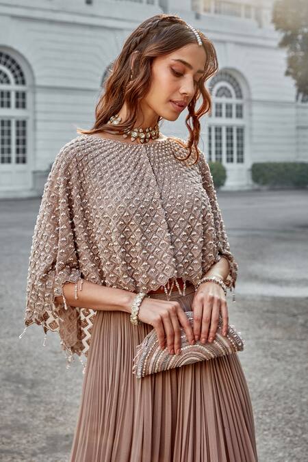 Shop_Amitabh Malhotra_Beige Georgette Embroidery Scallop Round Neck Cape And Sharara Set _Online_at_Aza_Fashions