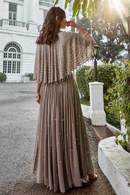 Amitabh Malhotra Grey Sequin Embroidered Cape & Sharara Set 