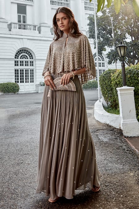 Buy_Amitabh Malhotra_Gray Georgette Embroidery Sequins Collared Neck Grey Cape And Sharara Set _Online_at_Aza_Fashions
