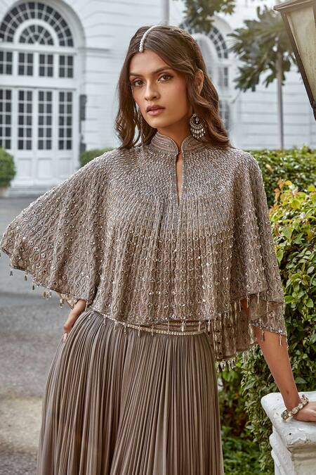 Shop_Amitabh Malhotra_Gray Georgette Embroidery Sequins Collared Neck Grey Cape And Sharara Set _Online_at_Aza_Fashions