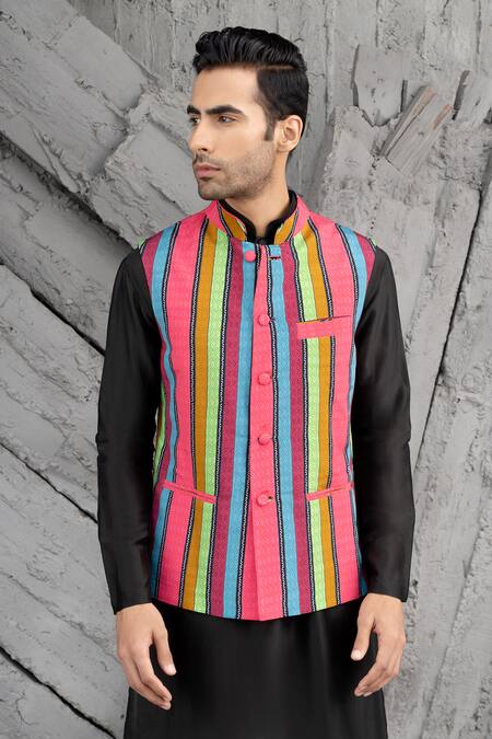 Buy_Chhavvi Aggarwal_Multi Color Chanderi, Crepe, Cotton, Multicolor Stripe Print Bundi And Kurta Set _Online_at_Aza_Fashions