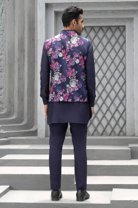 Shop Chhavvi Aggarwal Blue Chanderi, Crepe, Cotton Embroidery Floral Print Bundi And Kurta Set at Aza Fashions Shop_Chhavvi Aggarwal_Blue Chanderi, Crepe, Cotton Embroidery Floral Print Bundi And Kurta Set _at_Aza_Fashions