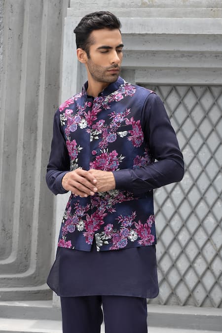 Buy Chhavvi Aggarwal Blue Chanderi, Crepe, Cotton Embroidery Floral Print Bundi And Kurta Set Online at Aza Fashions Buy_Chhavvi Aggarwal_Blue Chanderi, Crepe, Cotton Embroidery Floral Print Bundi And Kurta Set _Online_at_Aza_Fashions