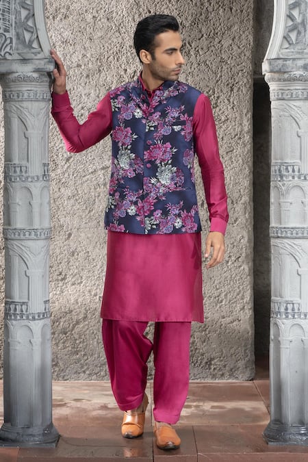 Chhavvi Aggarwal Blue Chanderi Printed Botanical Bundi And Kurta Set