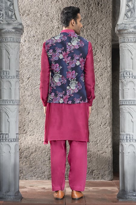 Shop Chhavvi Aggarwal Blue Chanderi, Crepe, Cotton Embroidery Botanical Print Bundi And Kurta Set at Aza Fashions Shop_Chhavvi Aggarwal_Blue Chanderi, Crepe, Cotton Embroidery Botanical Print Bundi And Kurta Set _at_Aza_Fashions