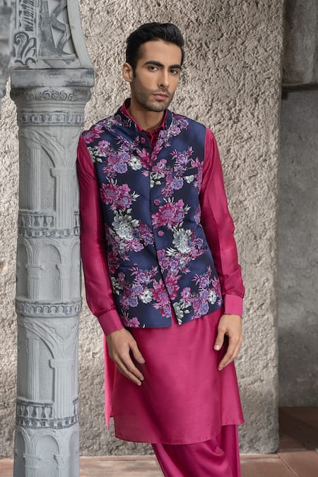 Buy Chhavvi Aggarwal Blue Chanderi, Crepe, Cotton Embroidery Botanical Print Bundi And Kurta Set Online at Aza Fashions Buy_Chhavvi Aggarwal_Blue Chanderi, Crepe, Cotton Embroidery Botanical Print Bundi And Kurta Set _Online_at_Aza_Fashions
